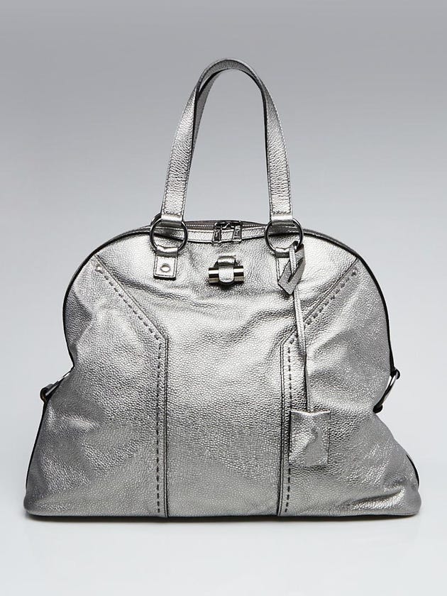Yves Saint Laurent Metallic Silver Pebbled Leather Oversized Muse Bag