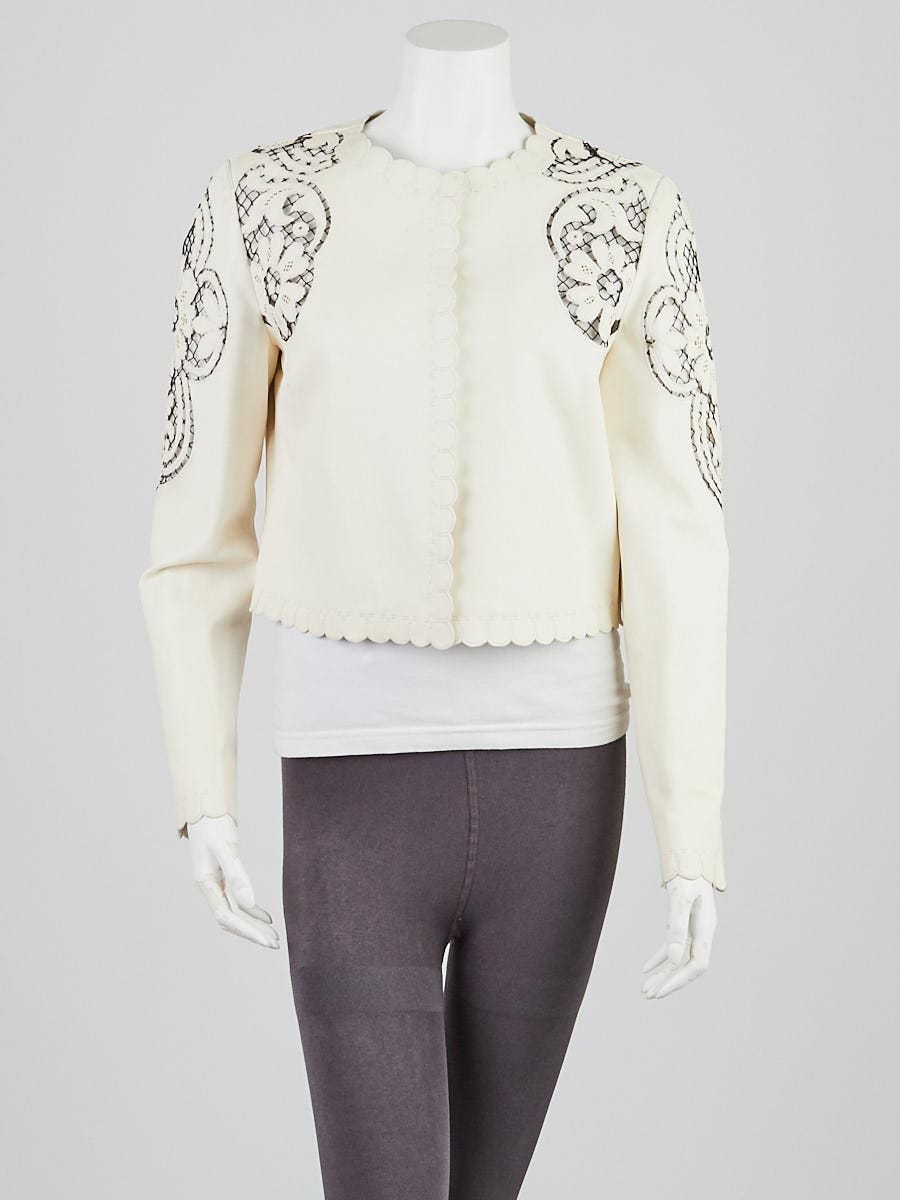 Valentino White Lambskin Leather Scalloped Cropped Jacket Size 8/42