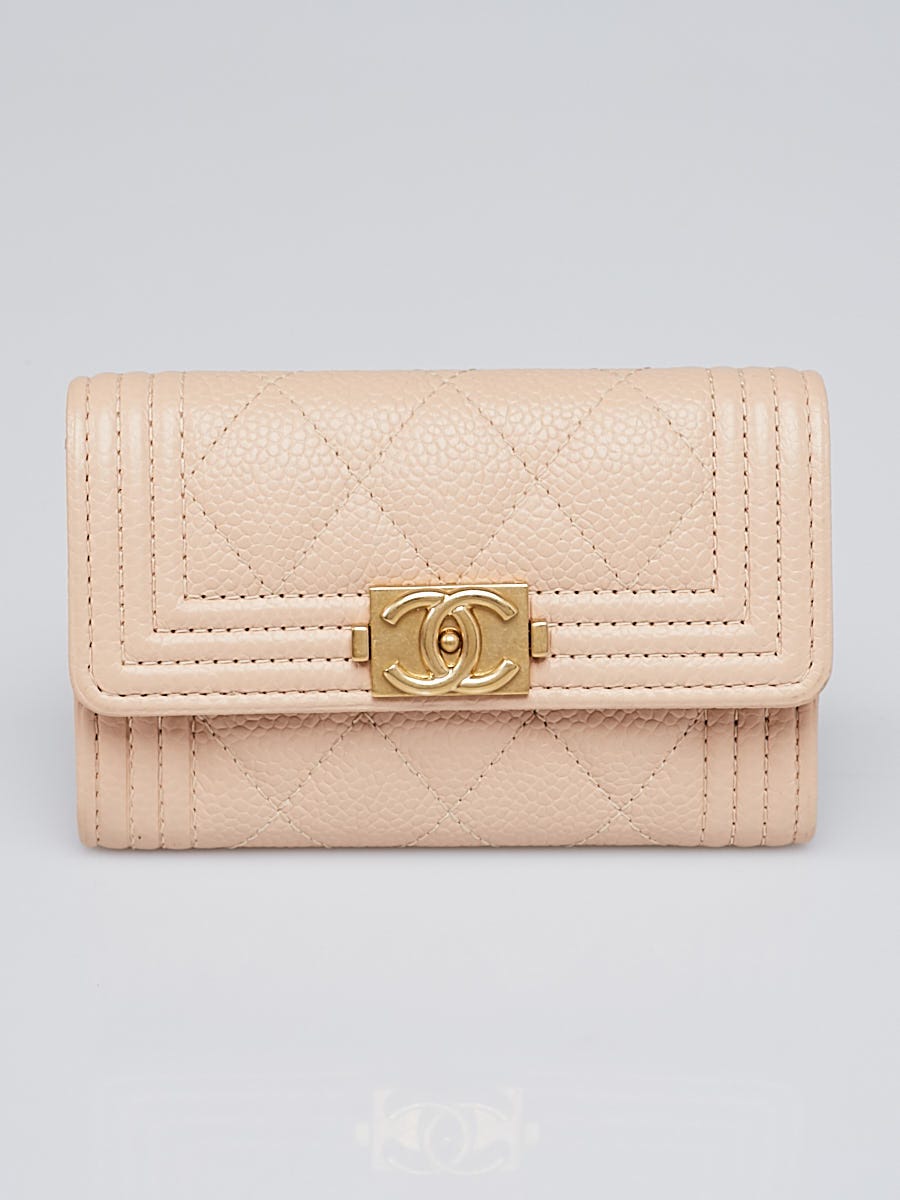 Chanel Beige Quilted Caviar Leather Boy Flap Card Holder - Yoogi's Closet