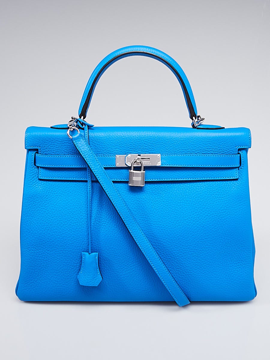 Hermes 35cm Blue Hydra Clemence Leather Palladium Plated Kelly