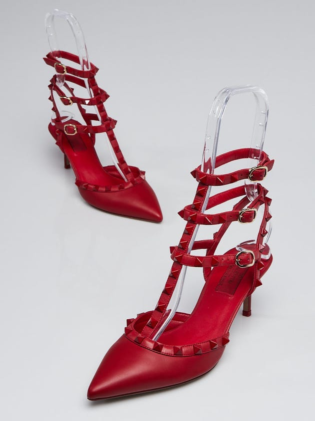Valentino Red Leather Rockstud Kitten Heel Pumps Size 7/37.5