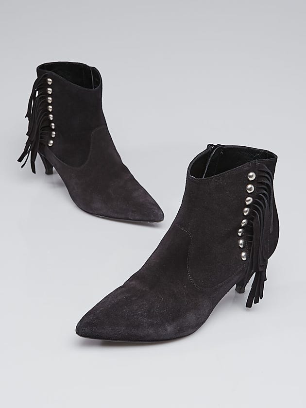 Yves Saint Laurent Black Suede Fringe Studded Ankle Boots Size 7.5/38