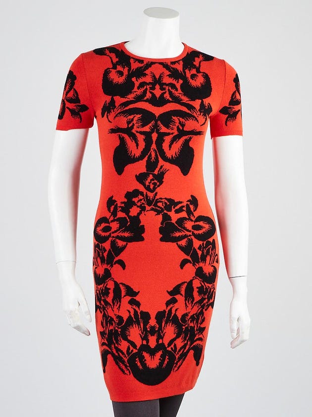 Alexander McQueen Red/Black Floral Print Viscose Knit Sweater Dress Size S