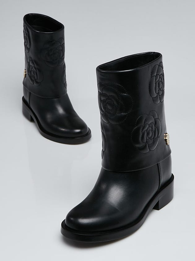 Chanel Black Leather Camellia Short Boots Size 4.5/35