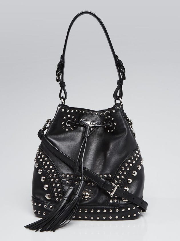 Prada Black Soft Calfskin Leather Studded Small Bucket Bag B2785M
