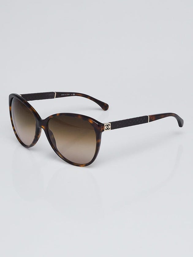 Chanel Brown Tortoise Print Frame and Leather Quilted Arm Sunglasses-5225-Q