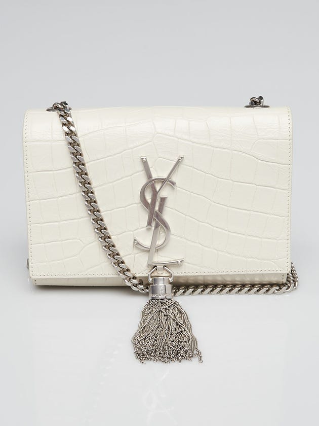 Yves Saint Laurent Dove White Croc Embossed Leather Small Kate Tassel Bag