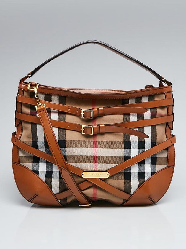Burberry Brown Leather House Check Bridle Small Dutton Hobo Bag