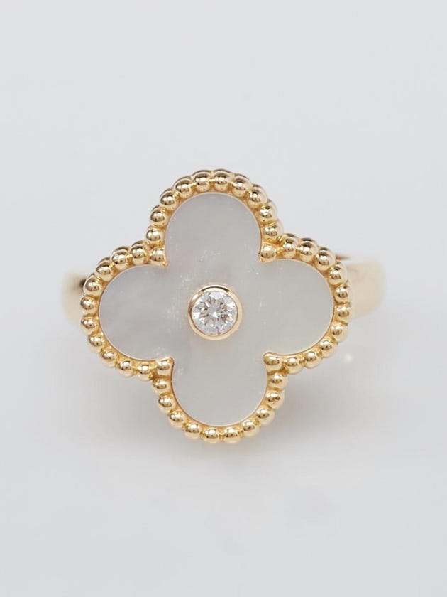 Van Cleef & Arpels 18k Yellow Gold Mother-of-Pearl and Diamond Vintage Alhambra Ring Size 3.75/46