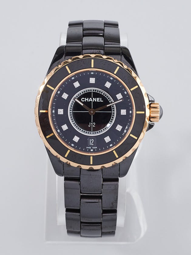 Chanel Black J12 Ceramic and 18k Gold with Diamonds 38mm Quartz Watch -H2180