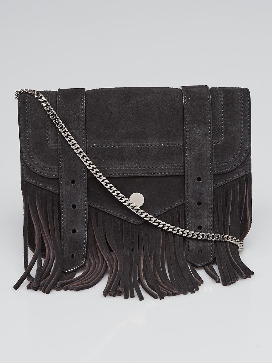 Proenza Schouler Black Suede Fringe PS1 Large Wallet on a Chain