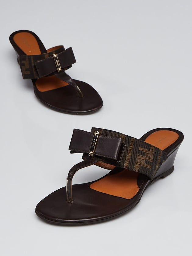 Fendi Tobacco Zucca Print Canvas and Leather Thong Wedge Sandals Size 6/36.5