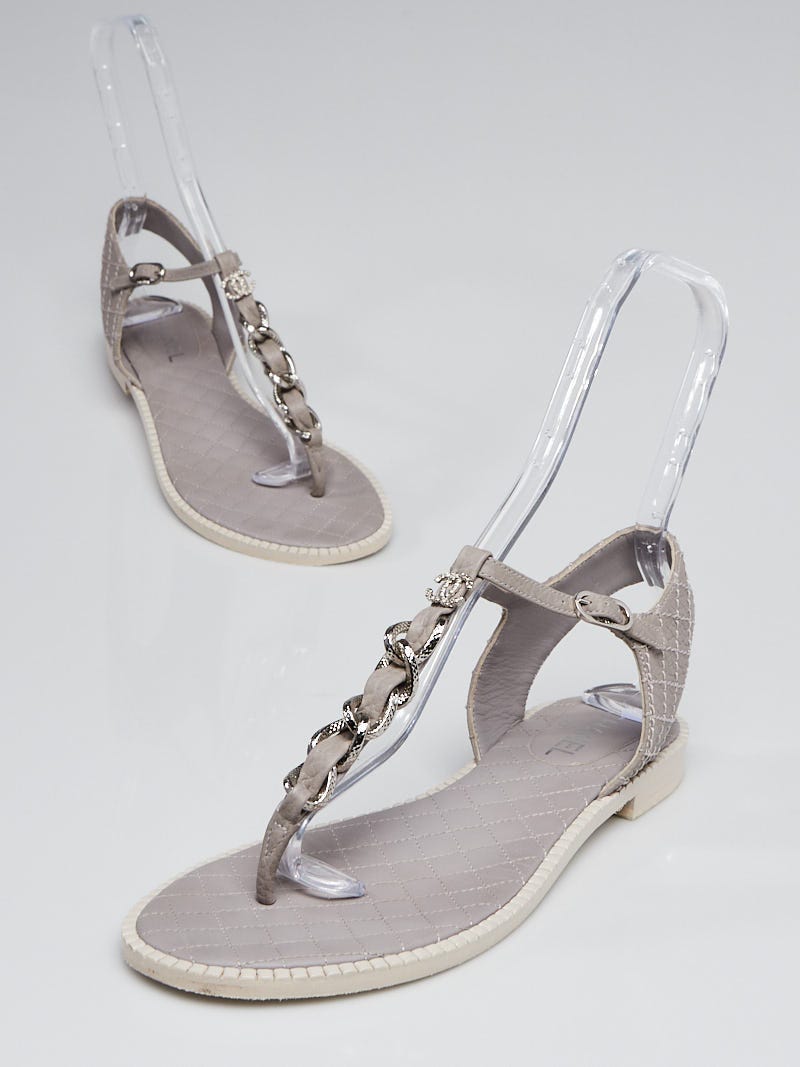 Chanel Grey Leather T-Strap CC Thong Sandals Size 11.5/42