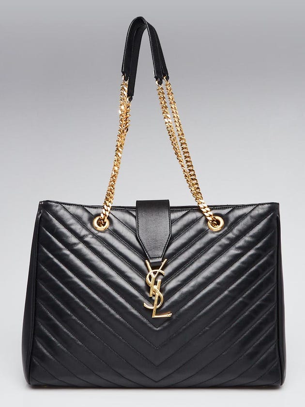 Yves Saint Laurent Black Chevron Quilted Leather Monogram Tote Bag