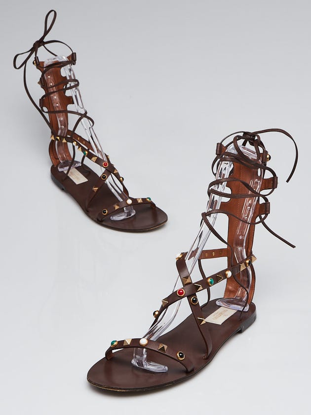 Valentino Brown Leather Rockstud Rolling Gladiator Sandals Size 7.5/38