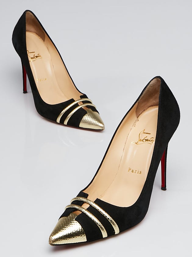 Christian Louboutin Black Suede Leather and Gold Leather Front Double Pumps Size 10/40.5