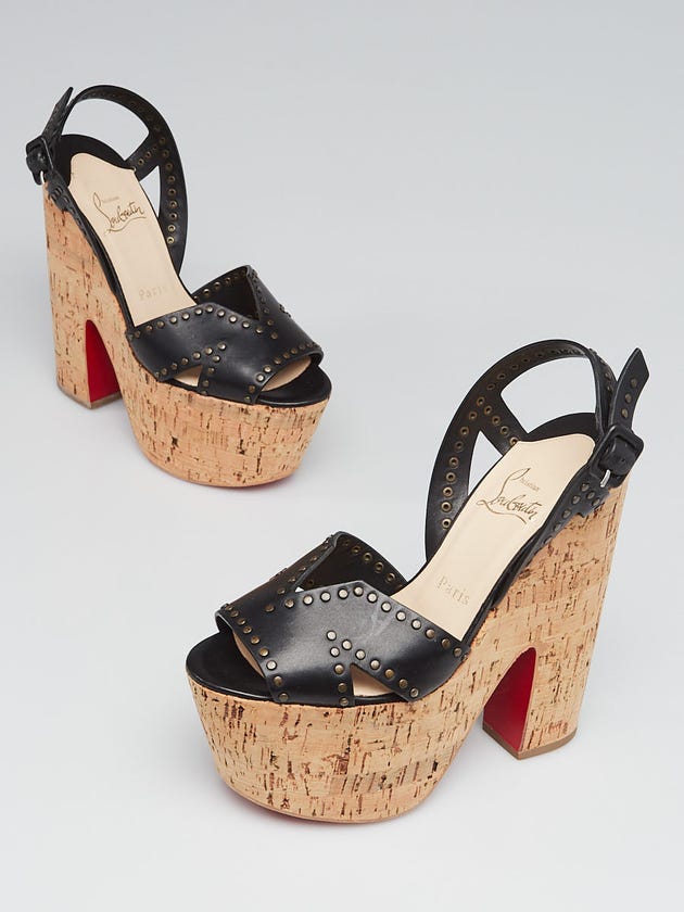 Christian Louboutin Black Leather and Cork Super Dombasle Wedge 160 Sandals Size 7/37.5