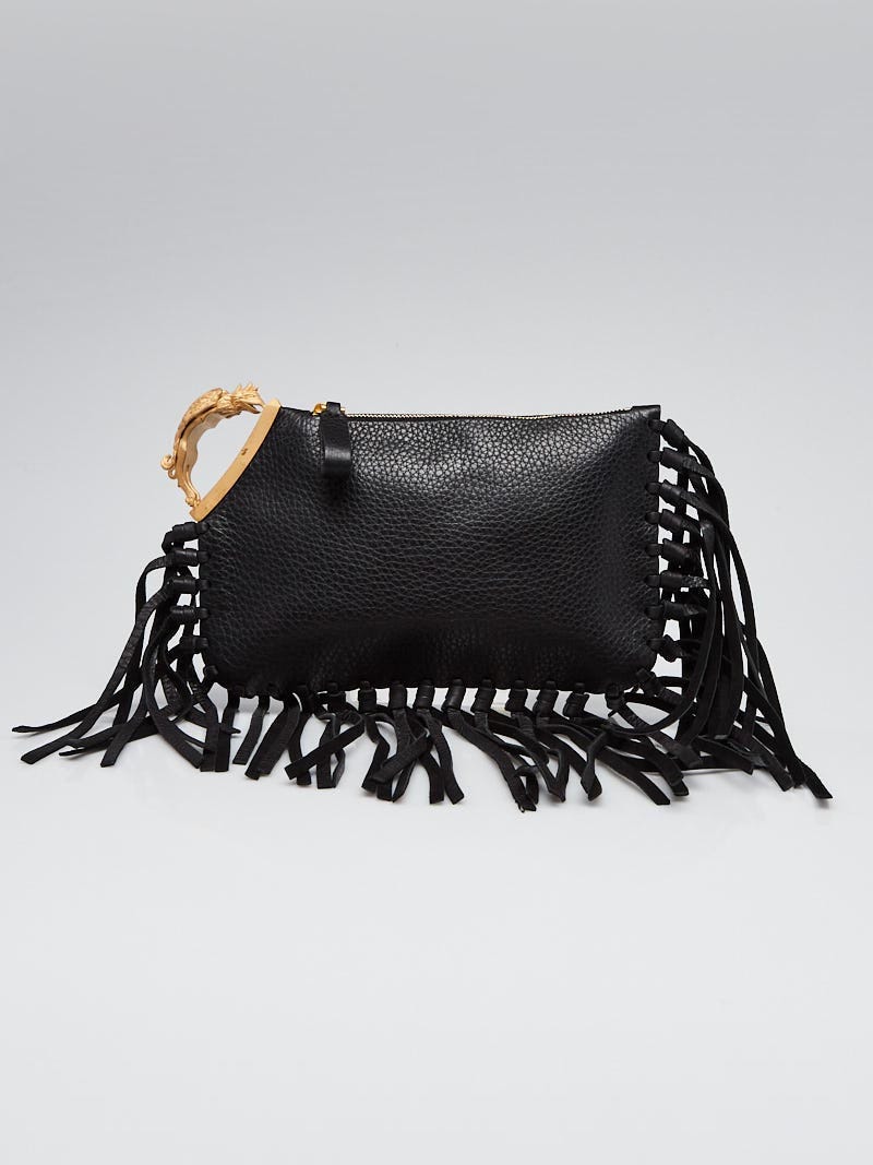 Valentino Black Leather Gryphon Fringe Clutch Bag | Yoogi's Closet