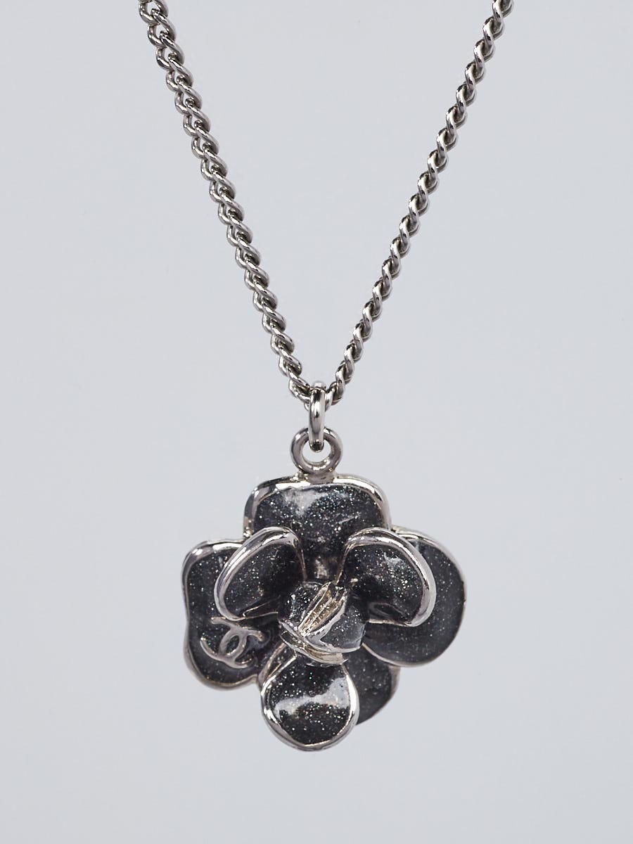 Chanel Black Resin Silvertone Camellia Pendant Necklace - Yoogi's Closet