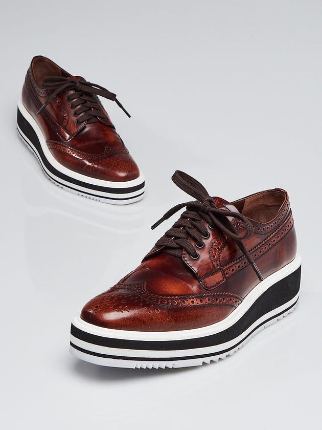 Prada Tobacco Leather Platform Wingtip Brogue Flats Size 5.5/36