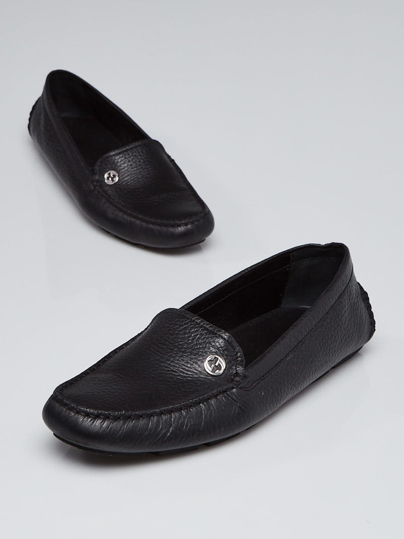 Gucci Black Pebbled Leather Interlocking G Driving Loafers Size 8.5/39