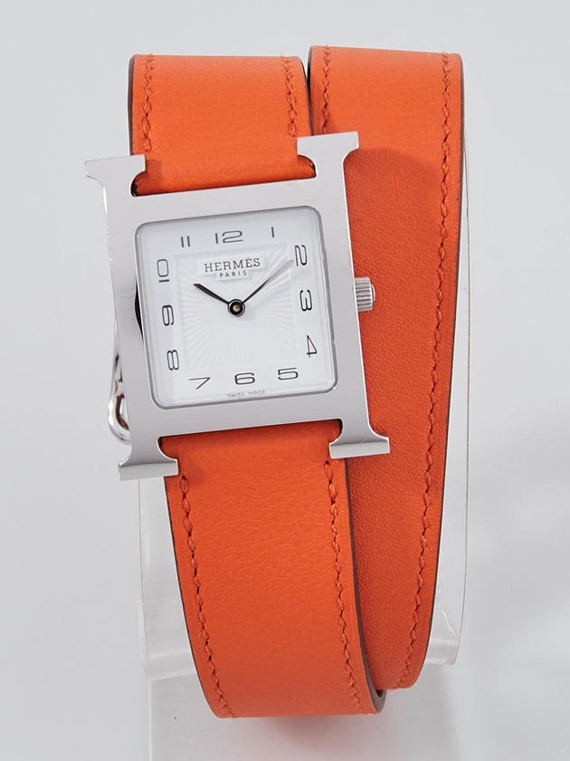 Hermes Orange Swift and Gold Epsom Leather Stainless Steel Heure H MM Double Tour Quartz Watch