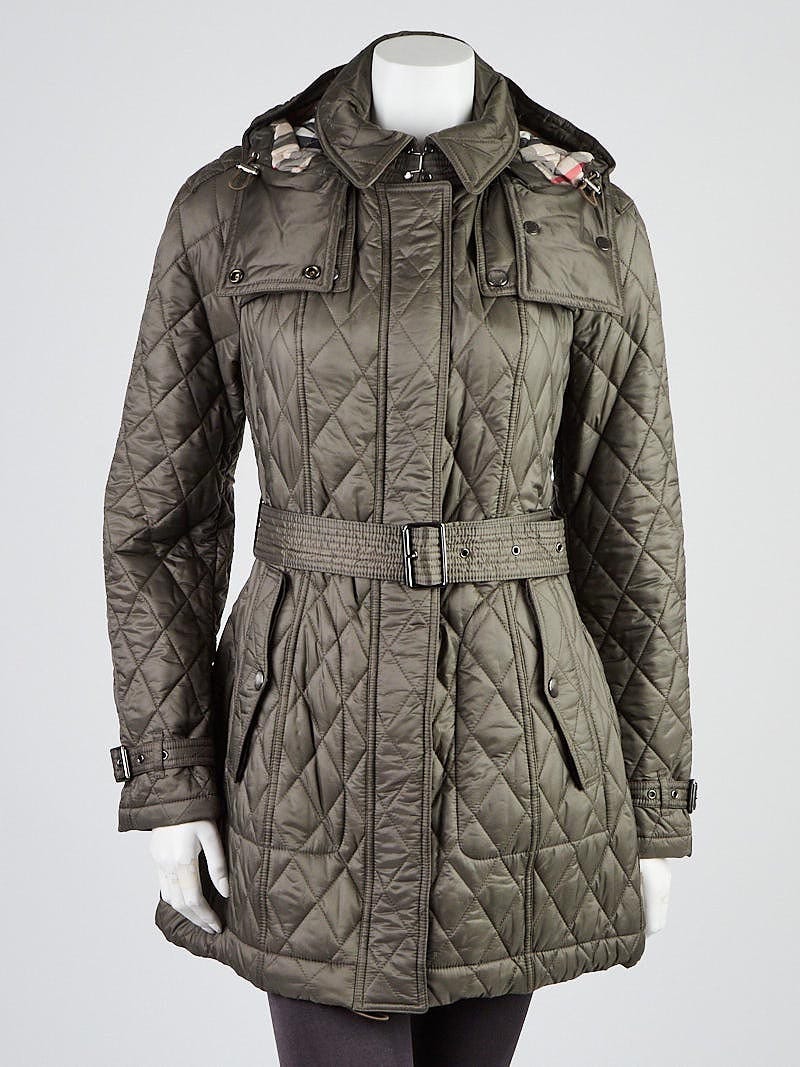 Burberry Mink Grey Quilted Nylon Belted Zip Coat Size M