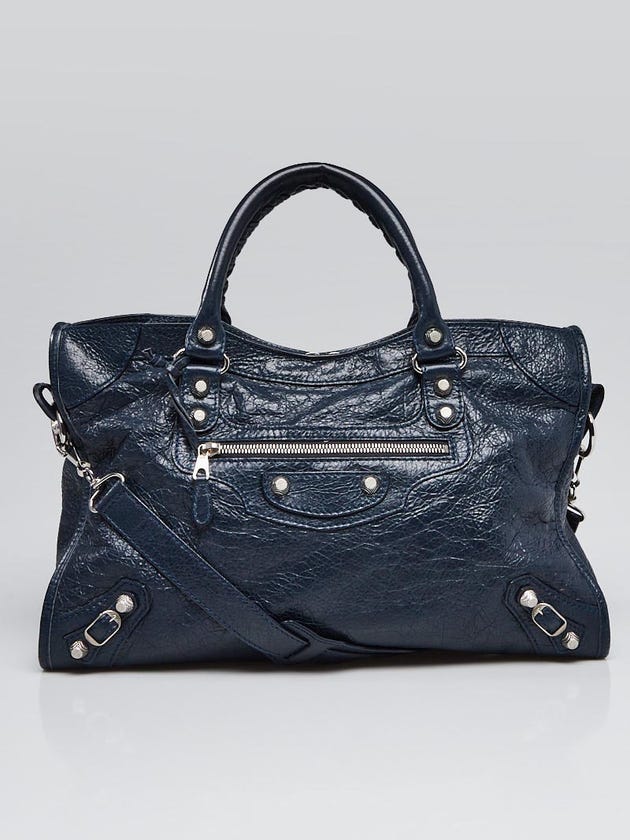 Balenciaga Bleu Obscur Lambskin Leather Giant 21 Silver Motorcycle City Bag