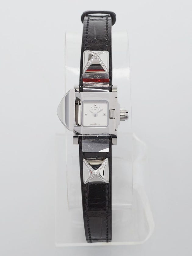 Hermes Black Alligator and Stainless Steel with Diamonds 16mm Medor Quartz Watch