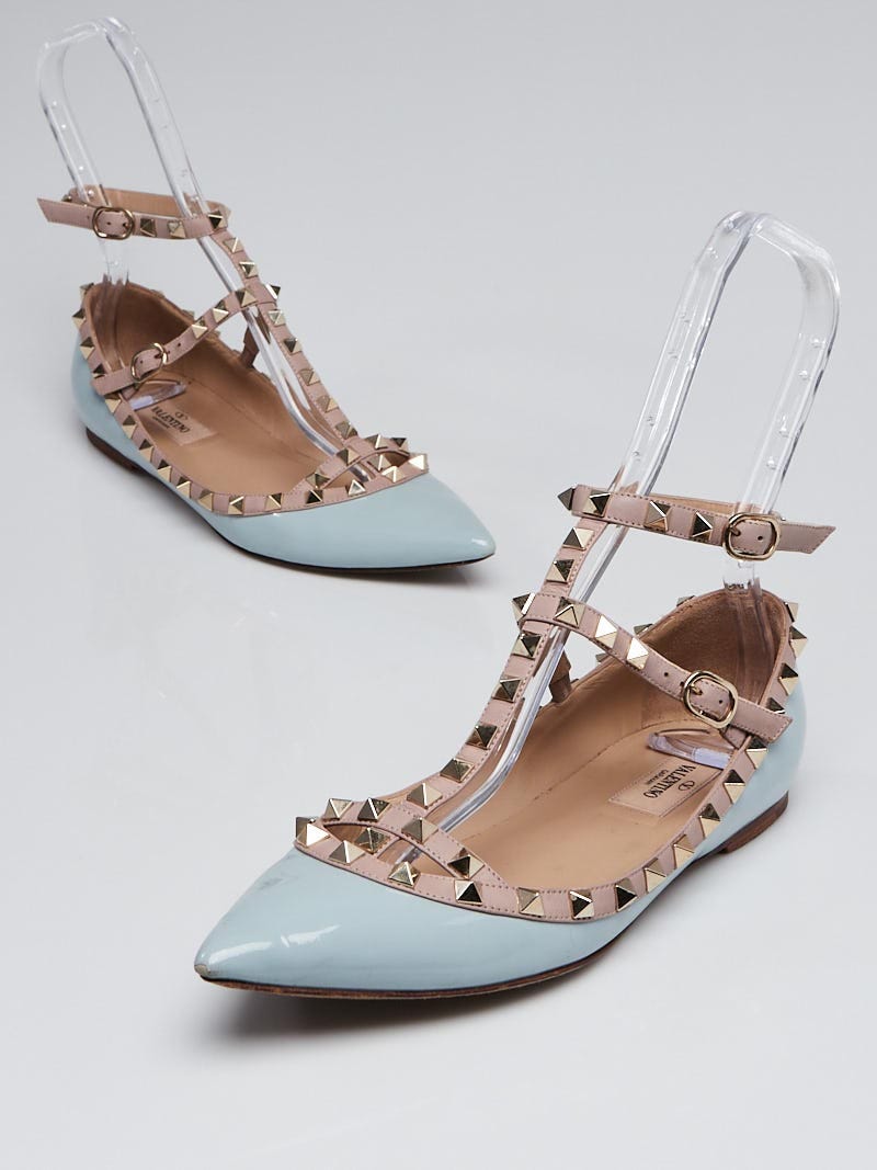 Valentino Light Blue Patent Leather Rockstud Cage Flats Size 7.5/38