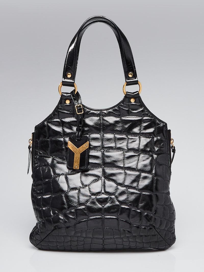 Yves Saint Laurent Black Croc Embossed Patent Leather Small