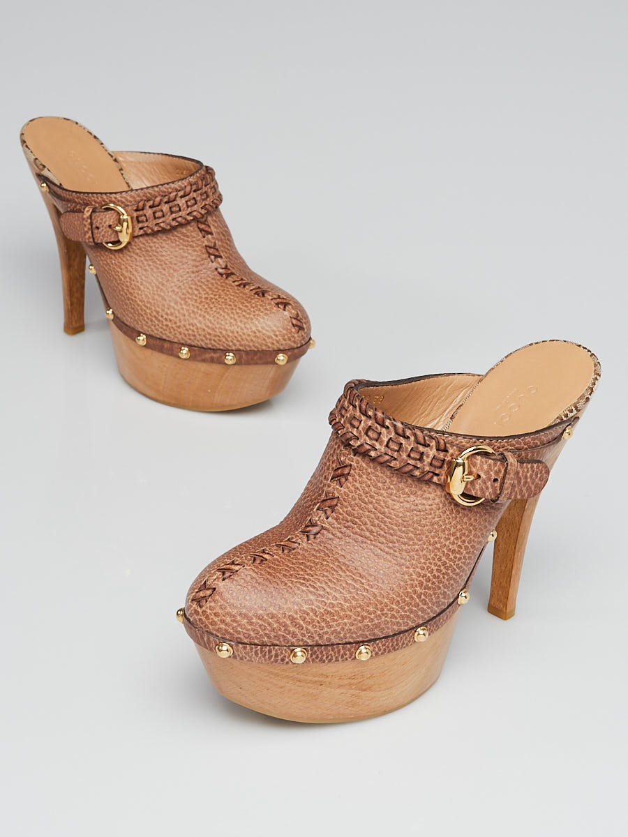Gucci Brown Leather Studded Platform High Heel Clogs Size /39 - Yoogi's  Closet