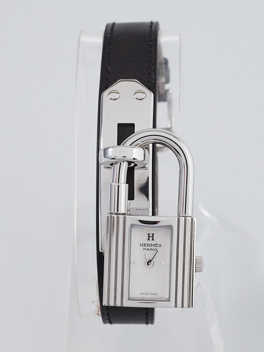 Hermes Black Swift Leather and Fuchsia Crocodile Strap Stainless Steel Kelly PM Quartz Watch