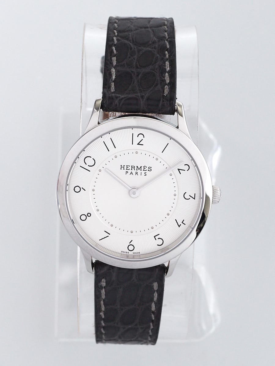 Hermes 25mm Stainless Steel and Graphite Matte Alligator Slim d'Hermes Quartz Watch