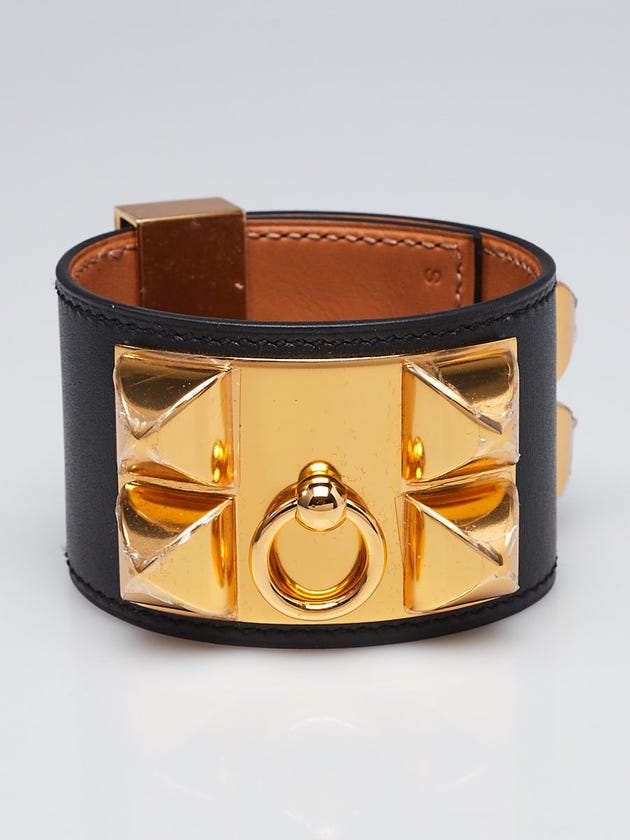 Hermes Black Chamonix Leather Gold Plated Collier de Chien Bracelet Size S