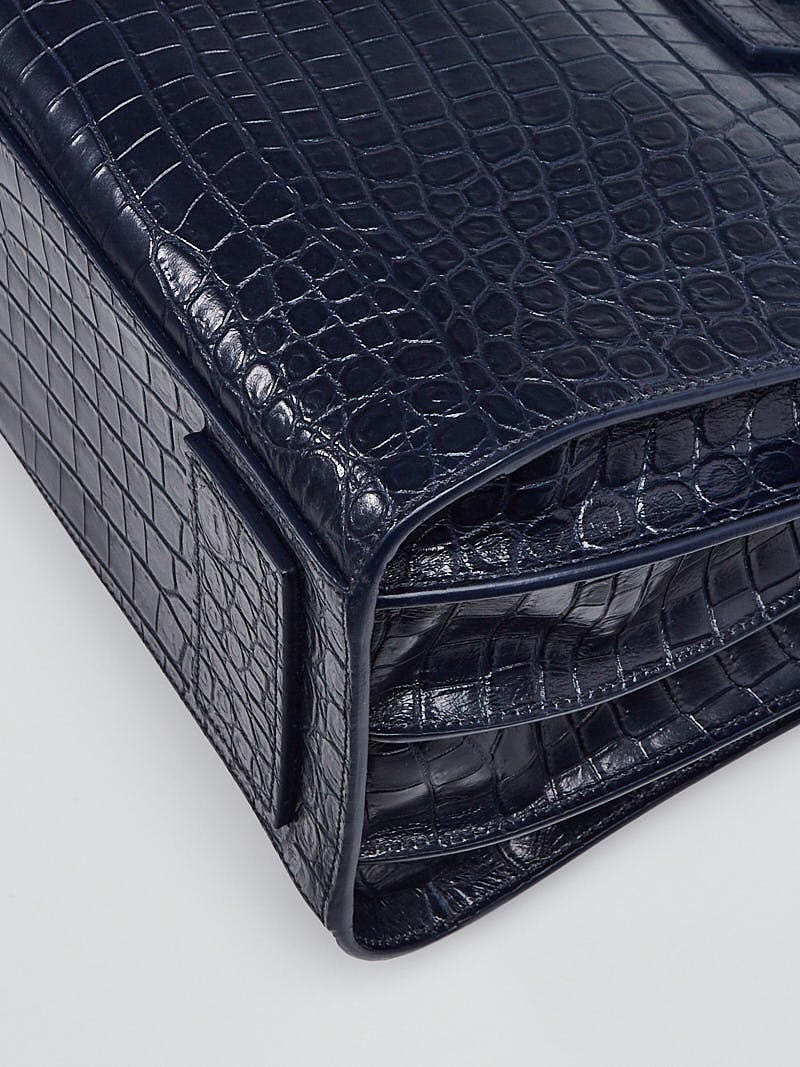 Yves Saint Laurent Navy Blue Crocodile Embossed Leather