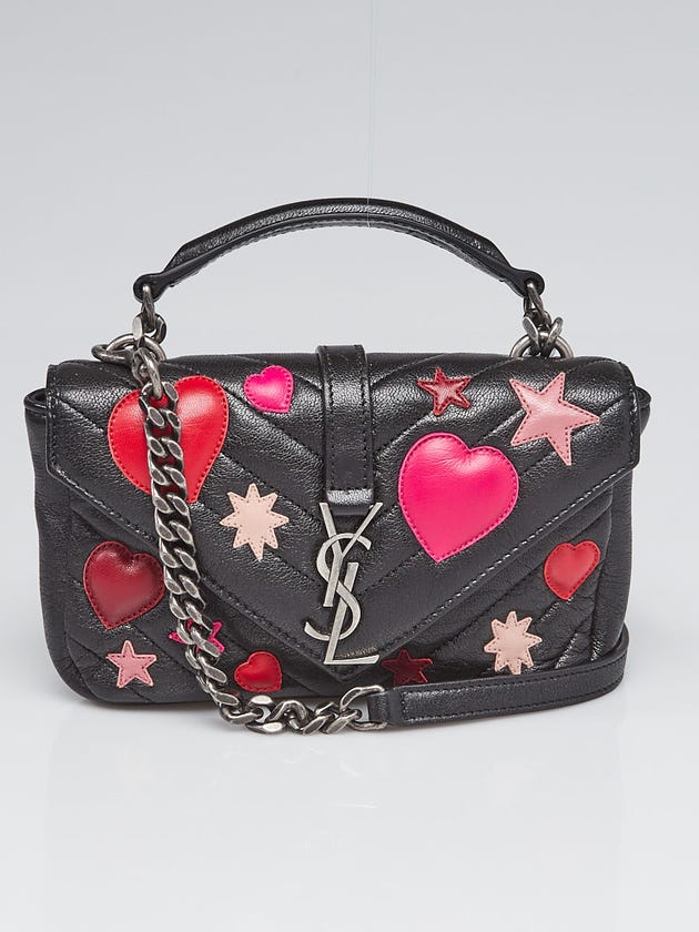 Yves Saint Laurent Black Chevron Quilted Leather Monogram Heart and Stars Wallet on Chain College Bag
