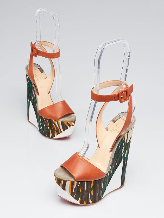 Christian Louboutin Brown Leather and Canvas Tromploia Jungle Wedge Platform Sandals Size 5/35.5
