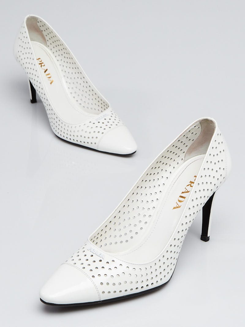 Prada White Perforated Patent Leather Pumps Size 5.5/36