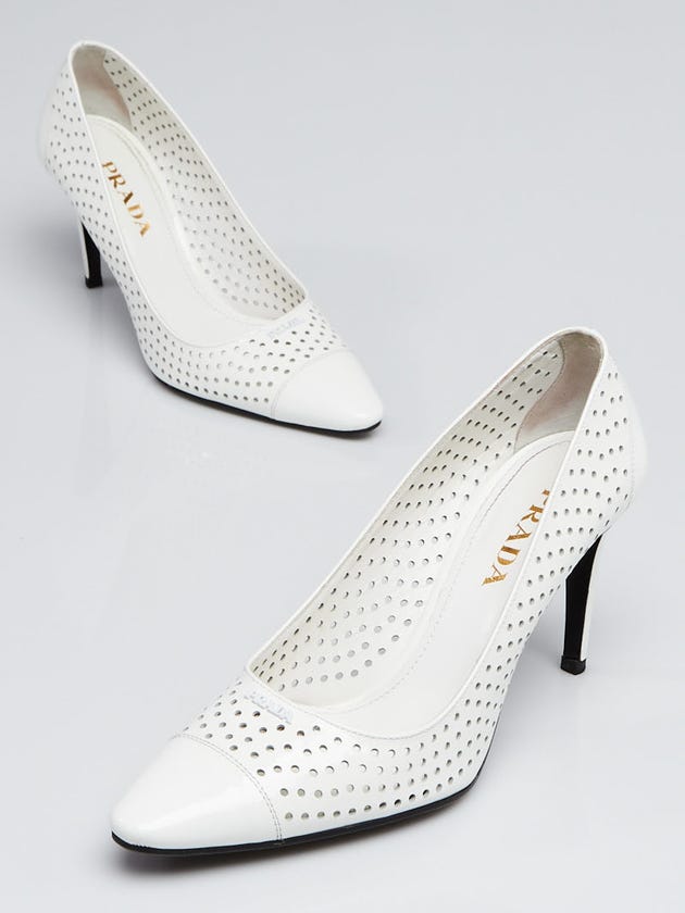 Prada White Perforated Patent Leather Pumps Size 5.5/36