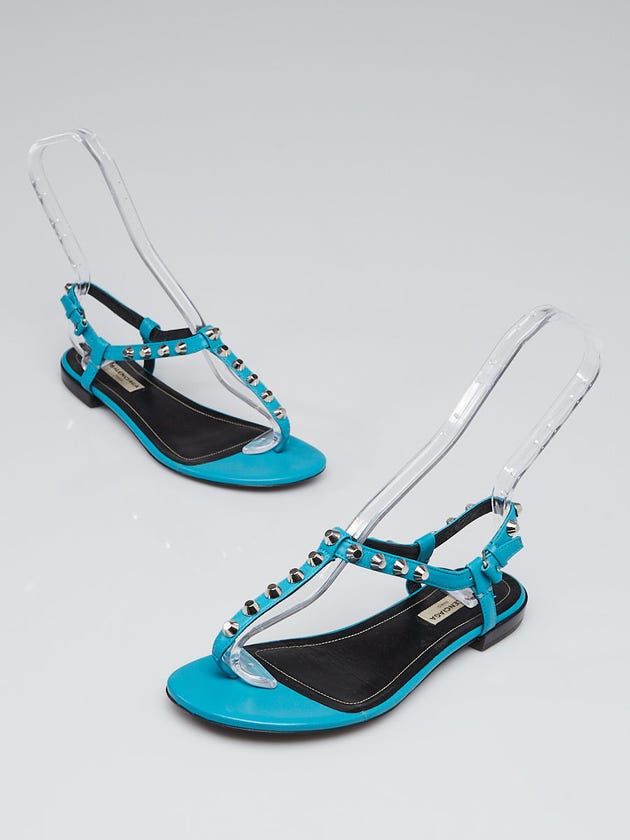 Balenciaga Turquoise Leather Studded T-Strap Sandals Size 7.5/38