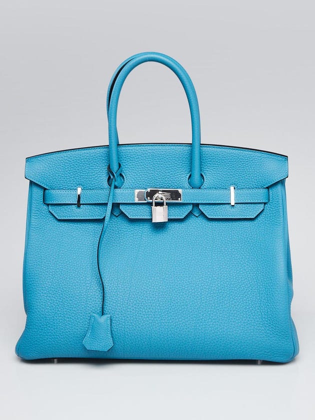 Hermes 35cm Turquoise Clemence Leather Palladium Plated Birkin Bag