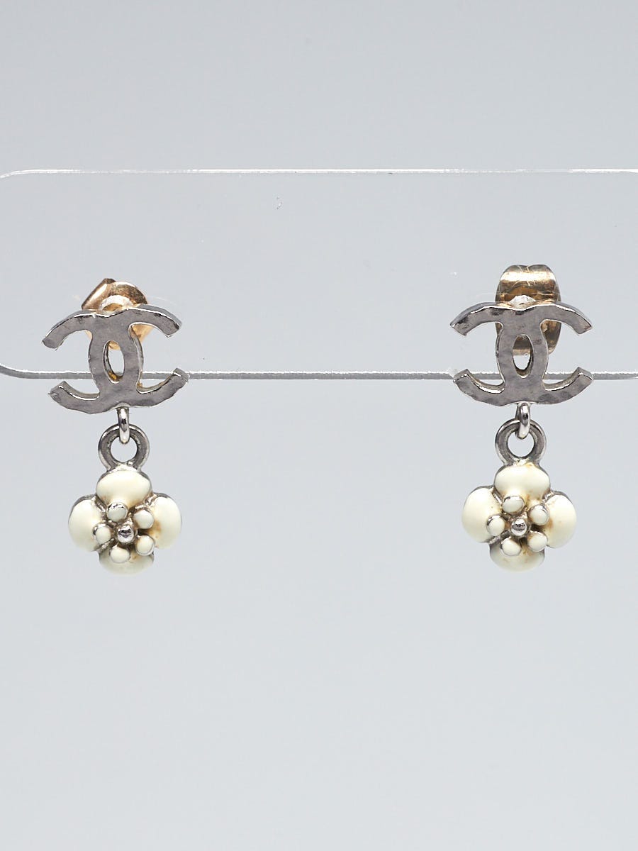 Chanel Silvertone Metal and Camellia Drop CC Earrings