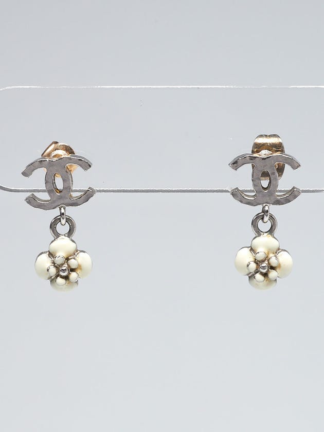 Chanel Silvertone Metal and Camellia Drop CC Earrings
