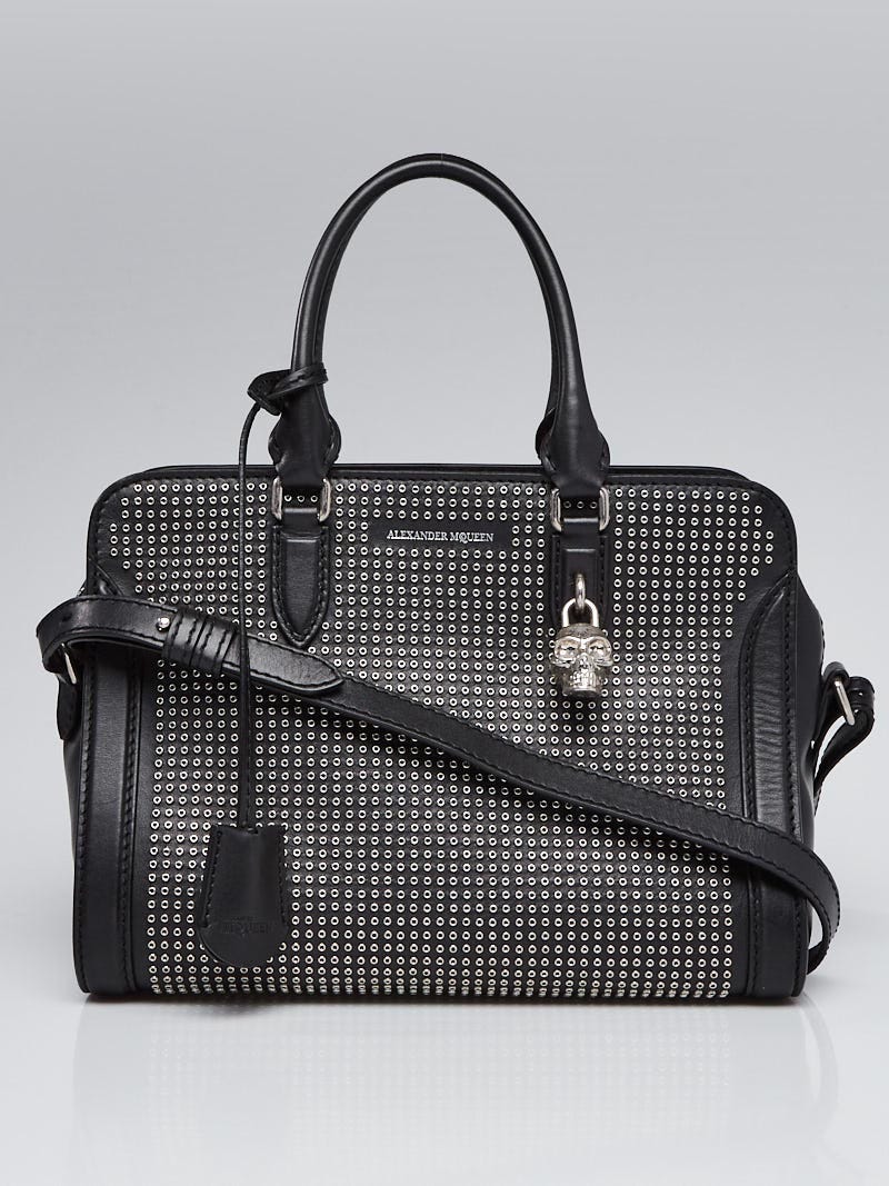 Alexander McQueen Black Leather Studded Small Skull Padlock Zip Tote Bag