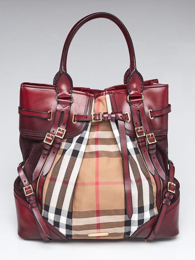 Burberry Dark Red Leather/Suede Bridle House Check Canvas Tote Bag