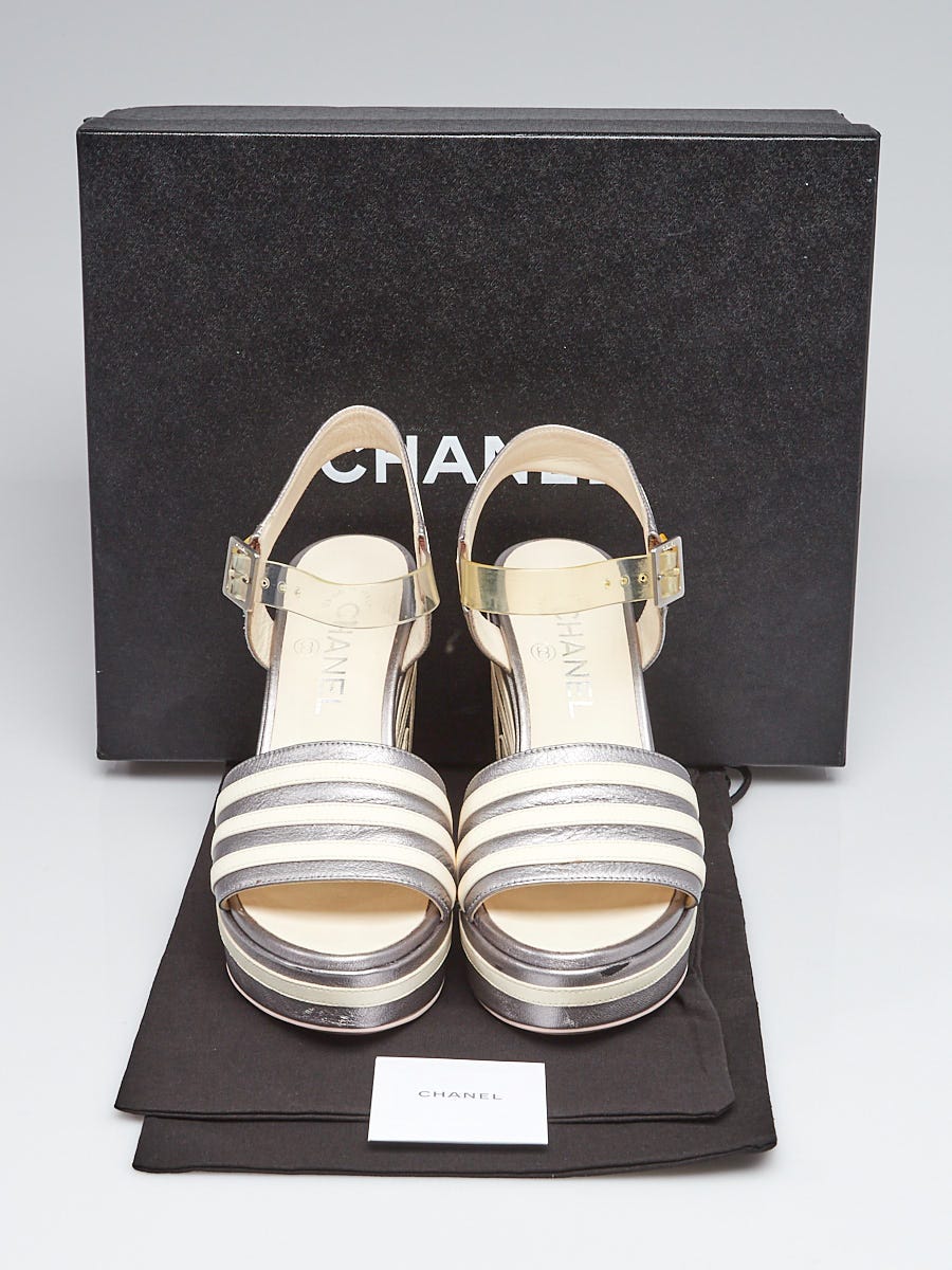 Chanel Silver/White Striped Leather Platform Wedge Sandals