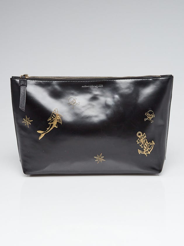 Alexander McQueen Black Leather Gold Embossed Clutch Bag