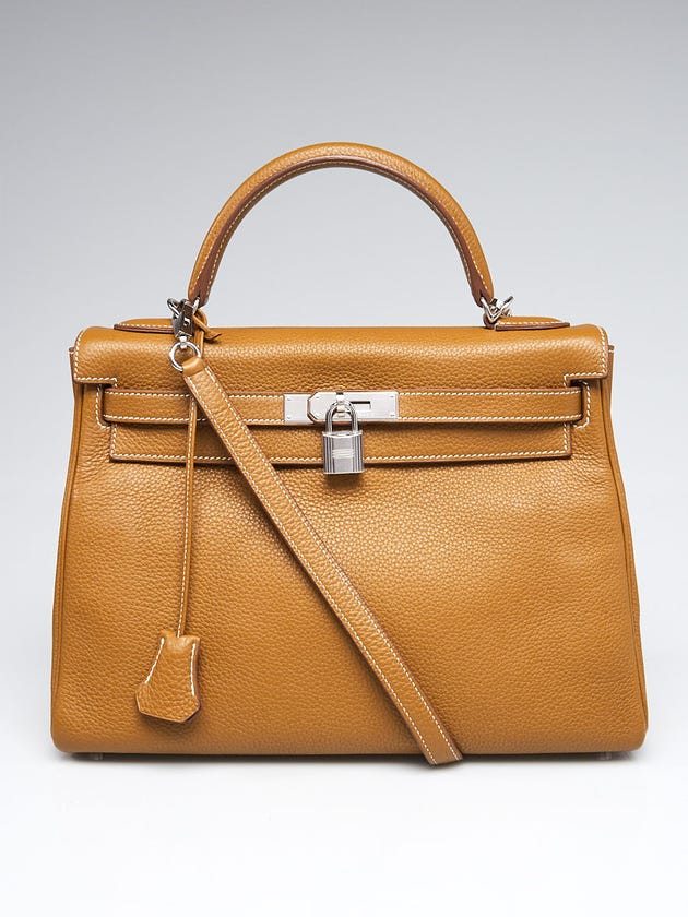 Hermes 32cm Bi-Color Kraft Togo and Anemone Chevre Leather Palladium Plated Kelly Retourne Bag