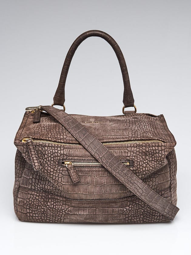 Givenchy Brown Crocodile Stamped Calf Suede Leather Medium Pandora Bag